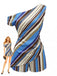 2PCS-1940s-Colorblock-Striped-One-Shoulder-Top-Shorts, vintage, retro