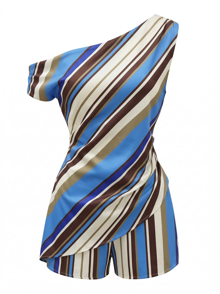 2PCS-1940s-Colorblock-Striped-One-Shoulder-Top-Shorts, vintage, retro