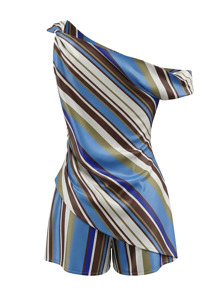 2PCS-1940s-Colorblock-Striped-One-Shoulder-Top-Shorts, vintage, retro