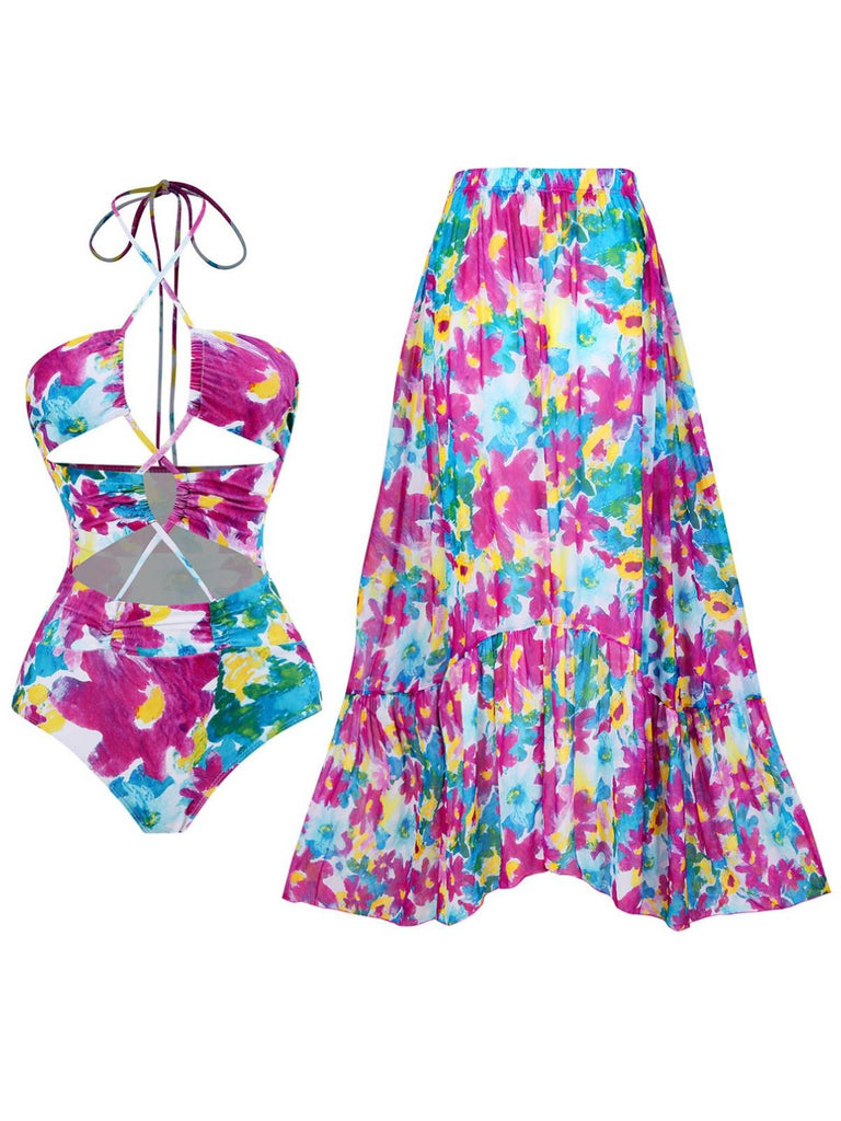 This 2PCS 1940s Cutout Halter Oil Painting Swimsuit & Cover-Up carries 1940s vacation dreams in every stitch