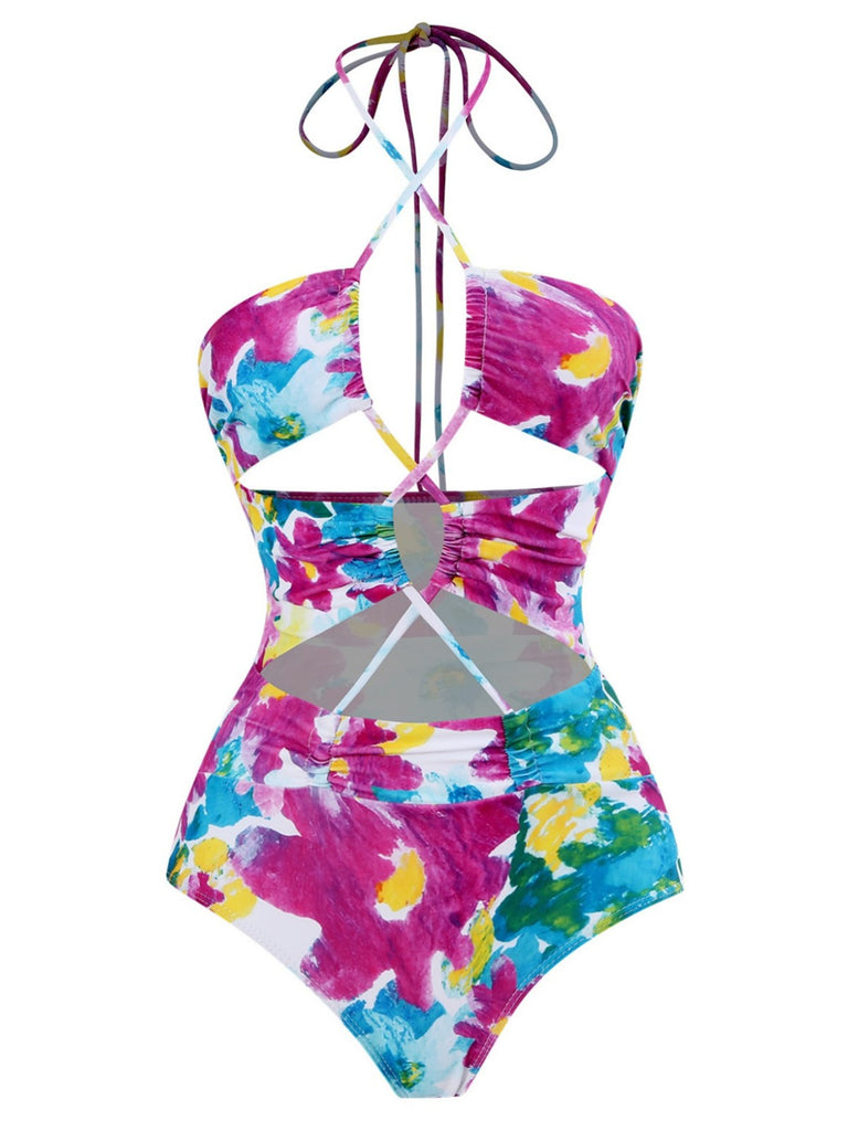 2PCS 1940s Cutout Halter Oil Painting Swimsuit & Cover-Up — because 1940s glamour never goes out of style