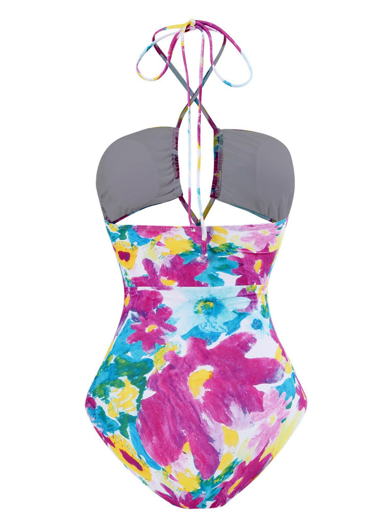 2PCS 1940s Cutout Halter Oil Painting Swimsuit & Cover-Up — 1940s poolside glamour meets sun-drenched confidence