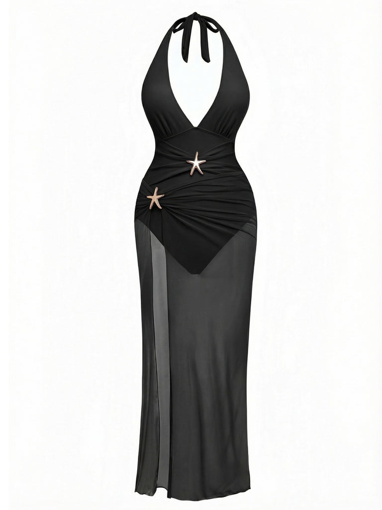 2PCS 1940s Deep V Halter Starfish One-Piece Swimsuit & Cover-Up, vintage swimsuit, pin-up swimwear - perfect for women who love vintage and retro fashion