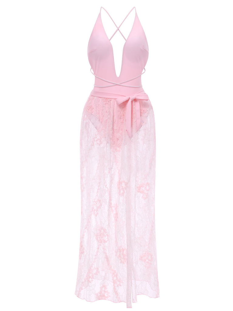 2PCS 1940s Deep-V One-Piece Swimsuit & Lace Cover-Up — because 1940s glamour never goes out of style