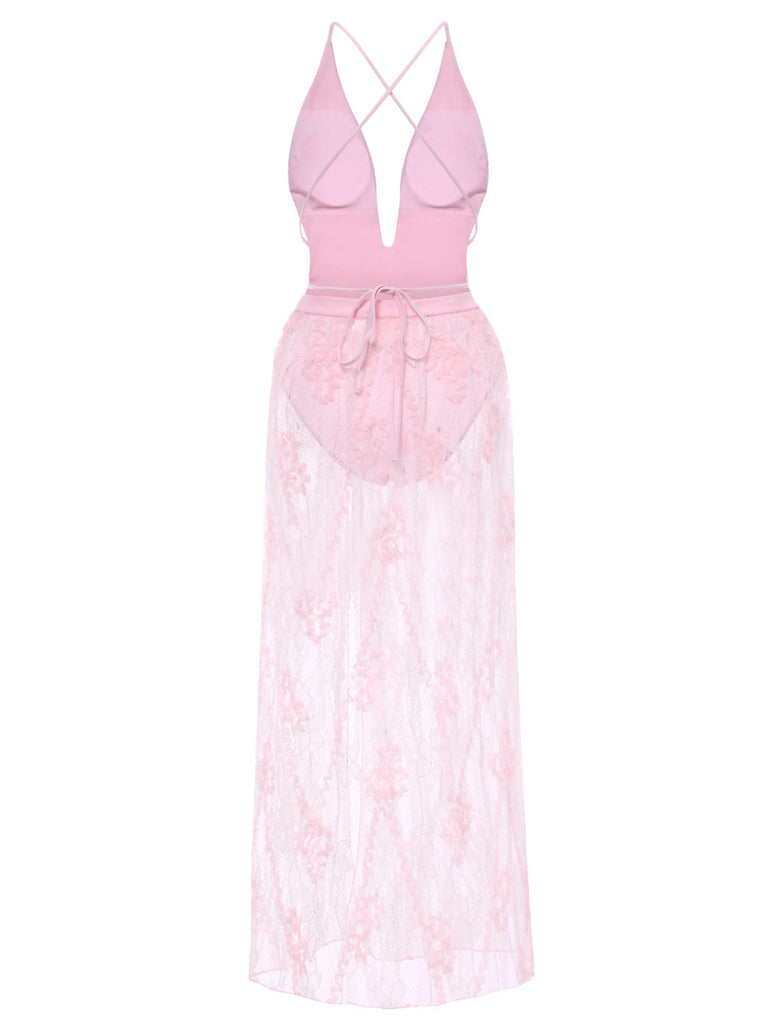 2PCS 1940s Deep-V One-Piece Swimsuit & Lace Cover-Up — 1940s poolside glamour meets sun-drenched confidence