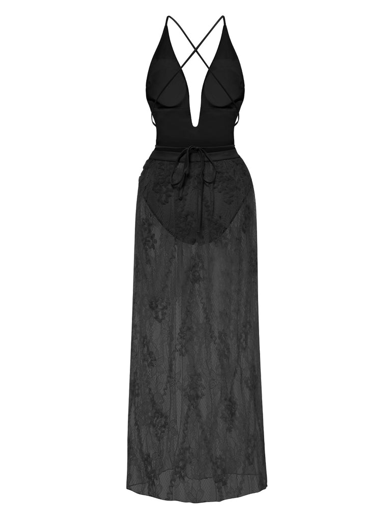 2PCS 1940s Deep-V One-Piece Swimsuit & Lace Cover-Up, vintage swimsuit, pin-up swimwear - perfect for women who love vintage and retro fashion