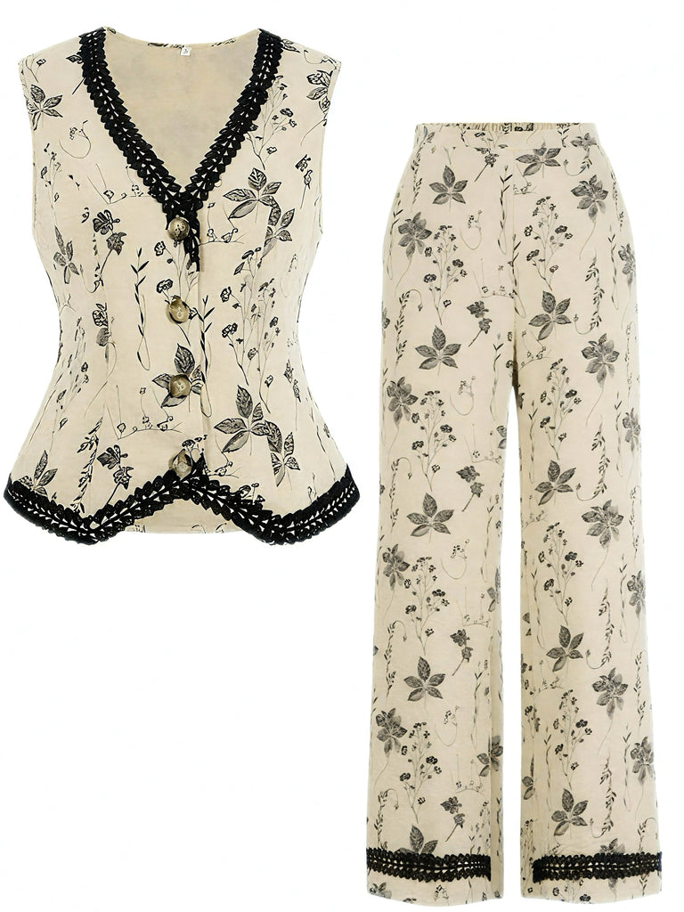 She walks in these 2PCS 1940s Floral Hem V-Neck Vest & Pants and the world follows