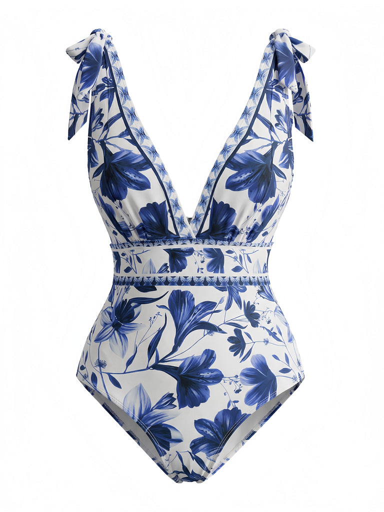 2PCS 1940s Floral Tie-Shoulder Swimsuit Cover-Up - vintage swimsuit, pin-up style