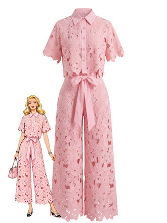 2PCS 1940s Lace Hollow Out Shirt & Wide-Leg Pants, vintage fashion, retro style - vintage inspired fashion