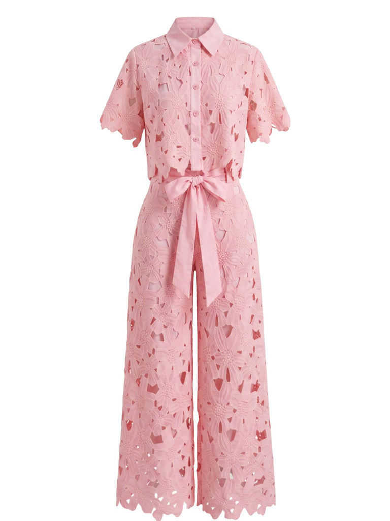 2PCS 1940s Lace Hollow Out Shirt & Wide-Leg Pants, vintage fashion, retro style - vintage inspired fashion