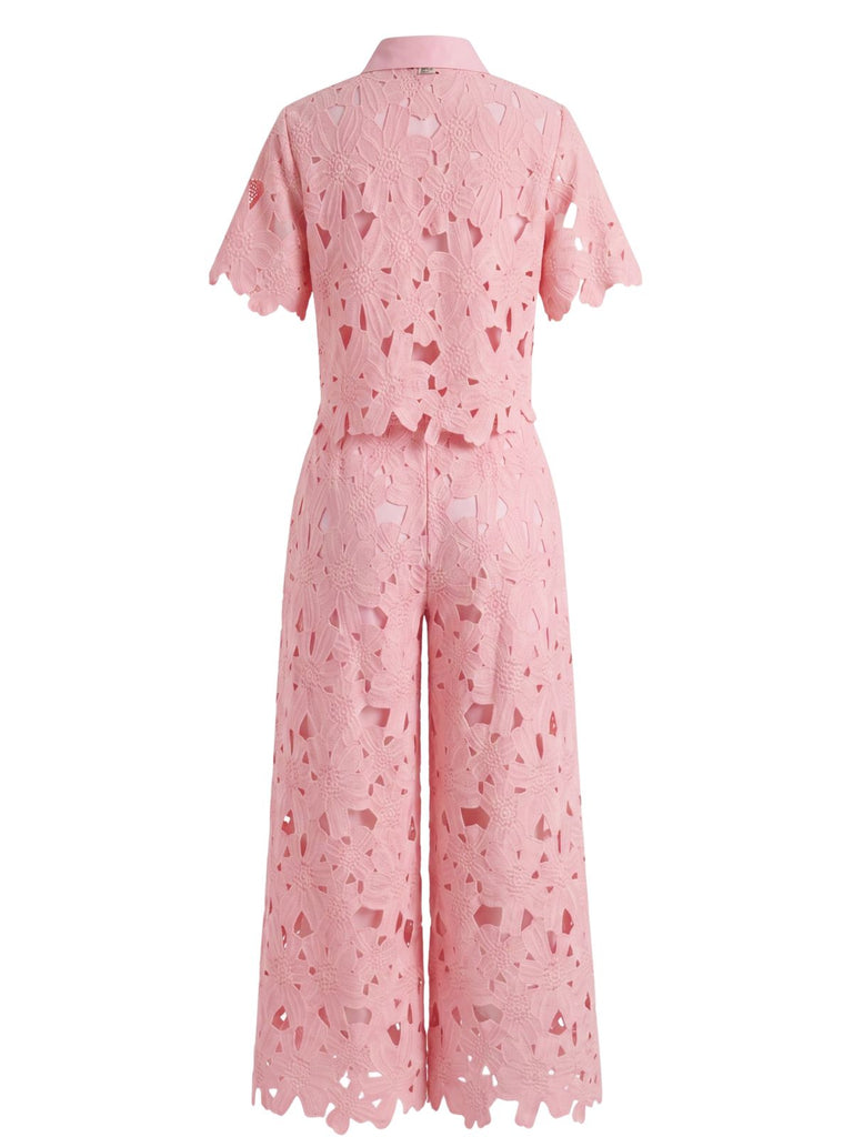 2PCS 1940s Lace Hollow Out Shirt & Wide-Leg Pants, vintage fashion, retro style - vintage inspired fashion