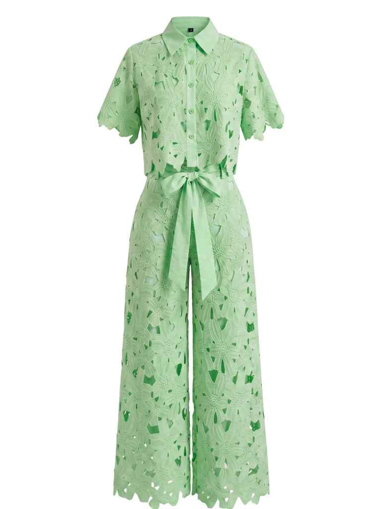 2PCS 1940s Lace Hollow Out Shirt & Wide-Leg Pants, vintage fashion, retro style - vintage inspired fashion