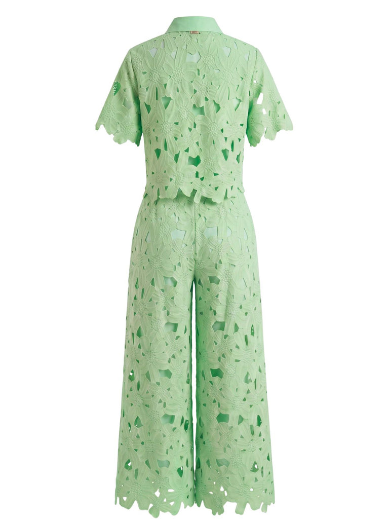 2PCS 1940s Lace Hollow Out Shirt & Wide-Leg Pants, vintage fashion, retro style - vintage inspired fashion