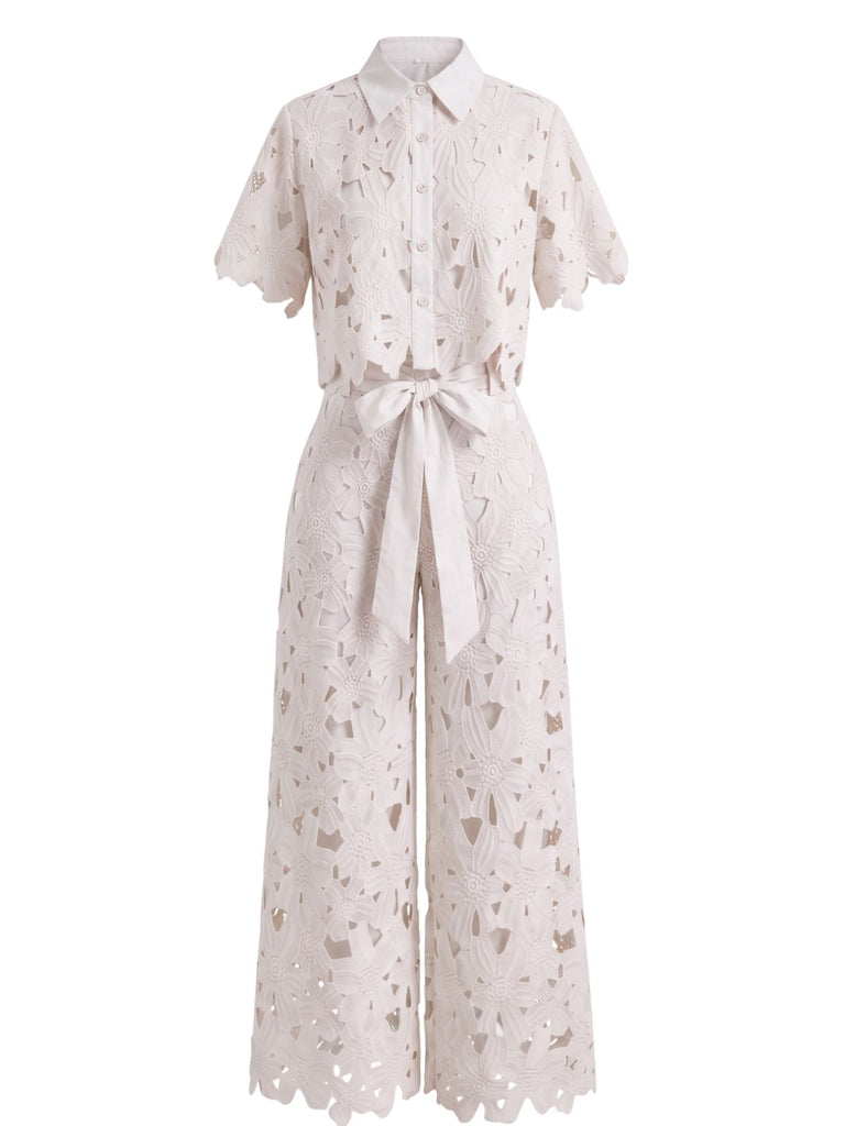 2PCS 1940s Lace Hollow Out Shirt & Wide-Leg Pants, vintage fashion, retro style - vintage inspired fashion