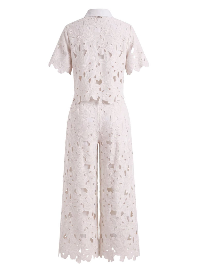 2PCS 1940s Lace Hollow Out Shirt & Wide-Leg Pants, vintage fashion, retro style - vintage inspired fashion