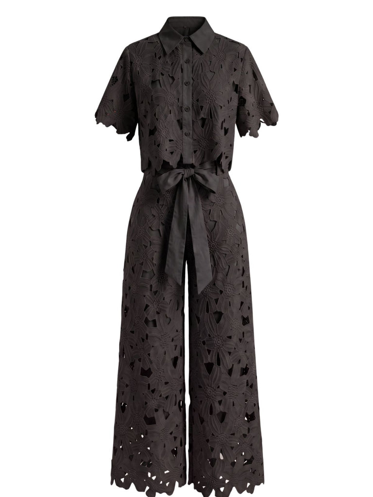 2PCS 1940s Lace Hollow Out Shirt & Wide-Leg Pants, vintage fashion, retro style - vintage inspired fashion