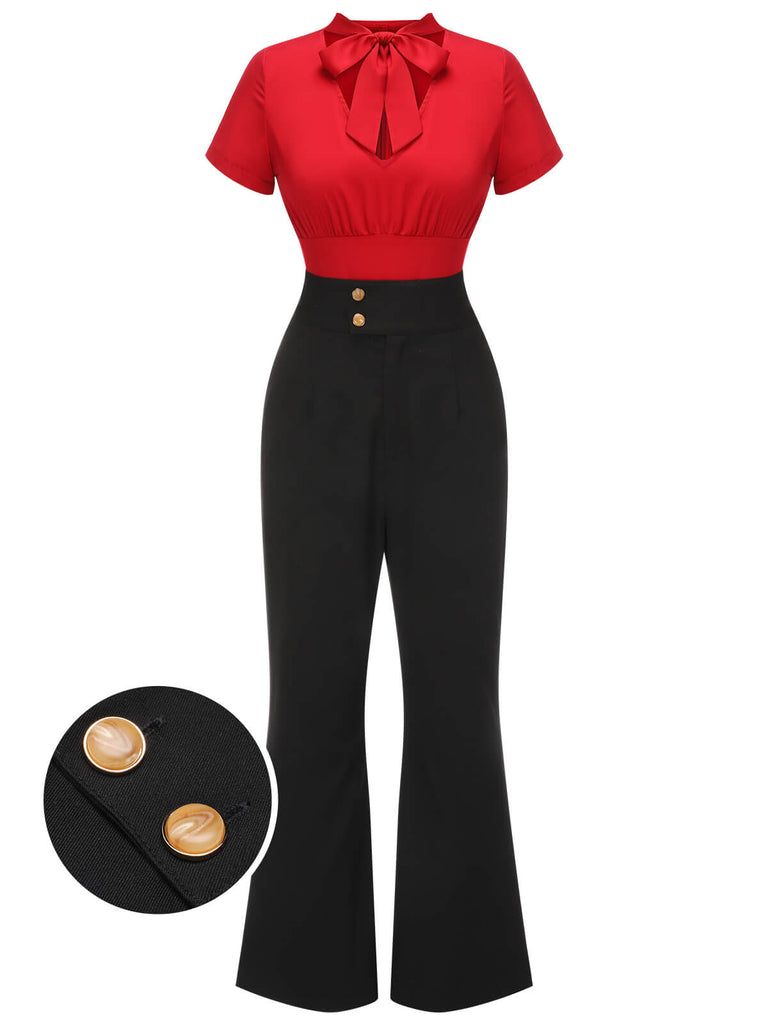 2PCS 1940s Red Tie-Up Blouse & Black Pants, vintage top, retro blouse - perfect for women who love vintage and retro fashion
