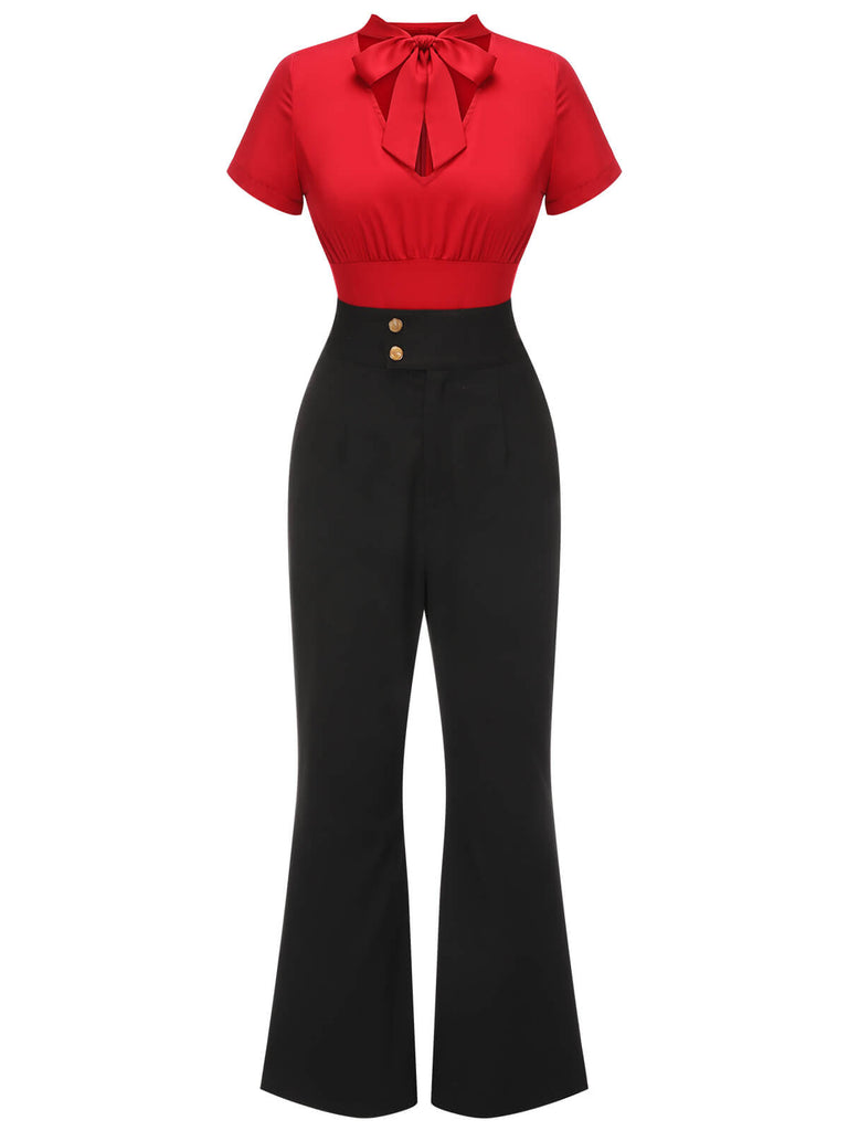 2PCS 1940s Red Tie-Up Blouse & Black Pants, vintage top, retro blouse - perfect for women who love vintage and retro fashion