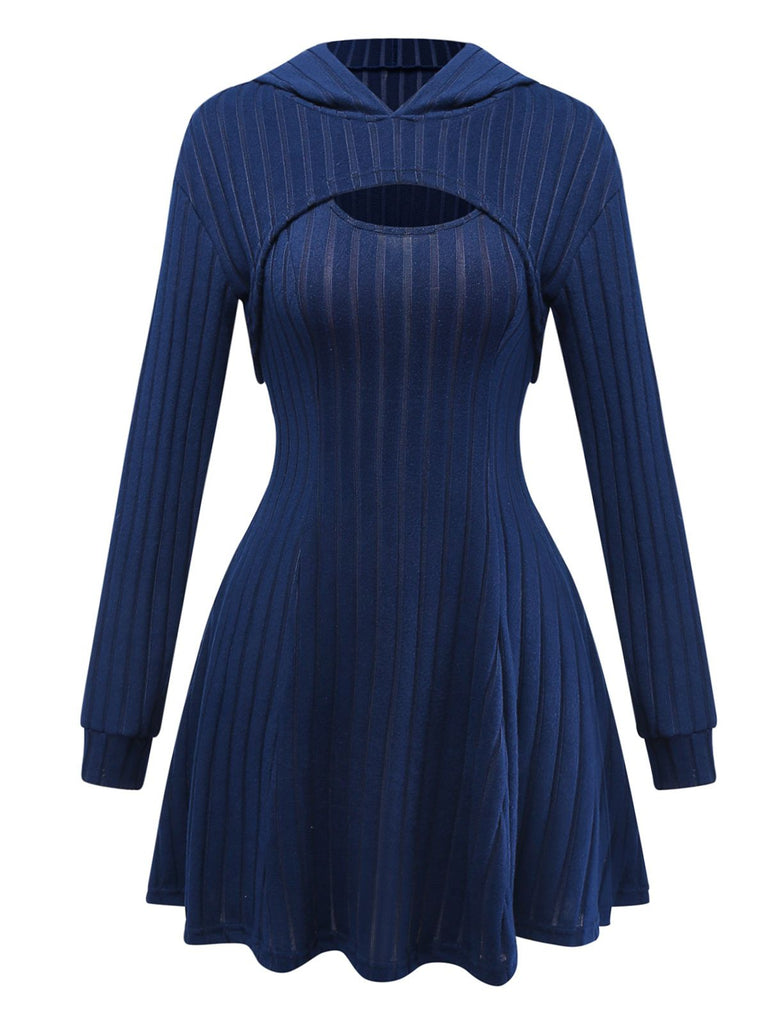 2PCS 1940s Ribbed Knit Cut-Out Hoodie Dress - vintage dress, retro fashion