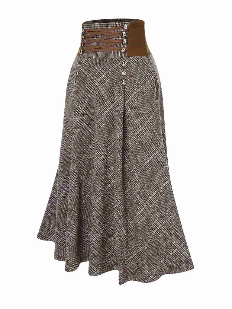 Brown 1940s Lace-Up Glen Plaid Skirt, vintage skirt, retro style - perfect for women who love vintage and retro fashion