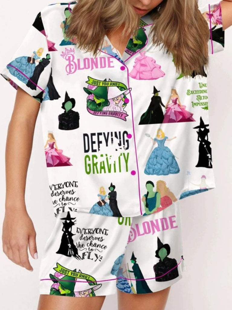 2PCS 1940s Witch Cartoon Print Button Pajama Set - vintage fashion, retro style