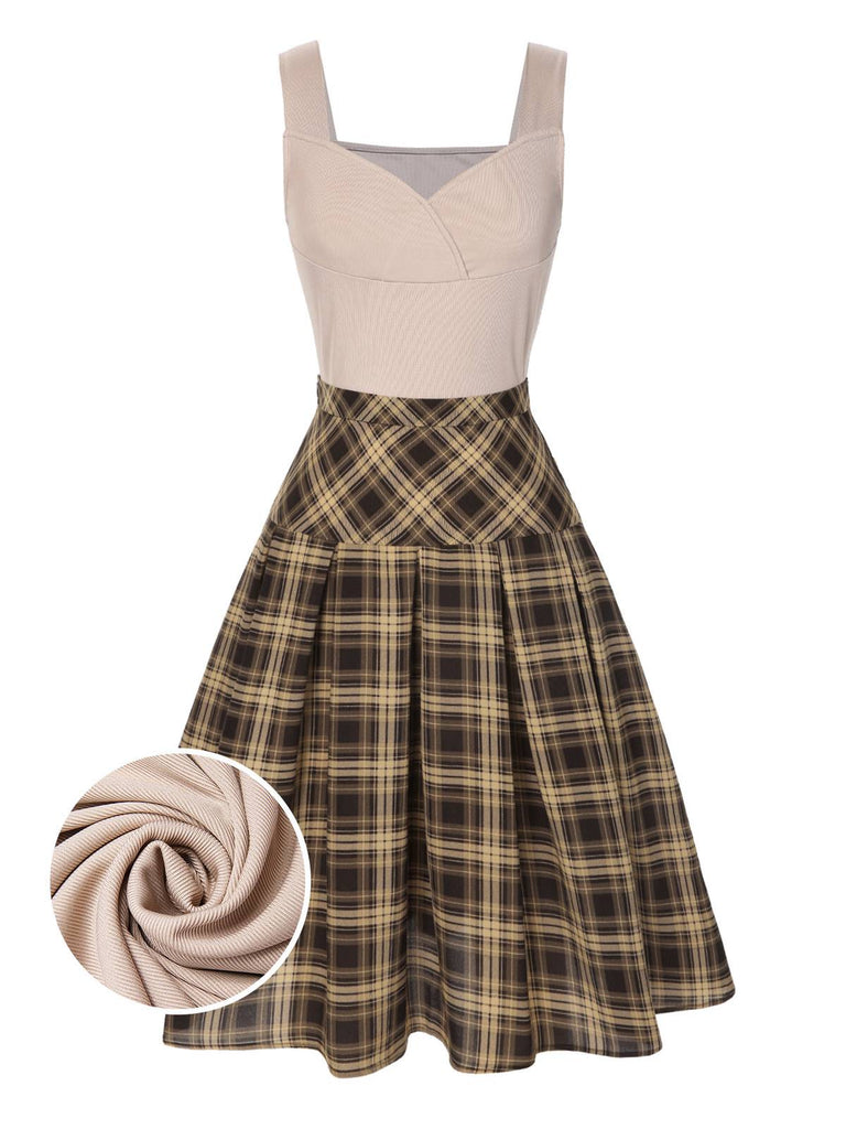 She pairs this 2PCS 1950s Beige Knitted Top & Plaid Pleated Skirt with confidence and 1950s charm