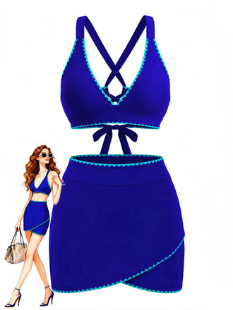 2PCS Blue 1950s Contrast Trim Cross-Back Bikini Set & Cover-Up - vintage swimsuit, pin-up swimwear for vintage lovers