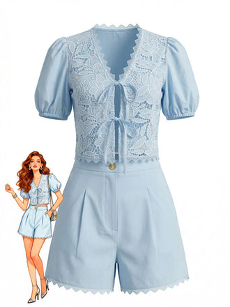 2PCS 1950s Cotton Lace Puff Sleeve Tie-Front Top & Shorts, vintage top, retro blouse - perfect for women who love vintage and retro fashion