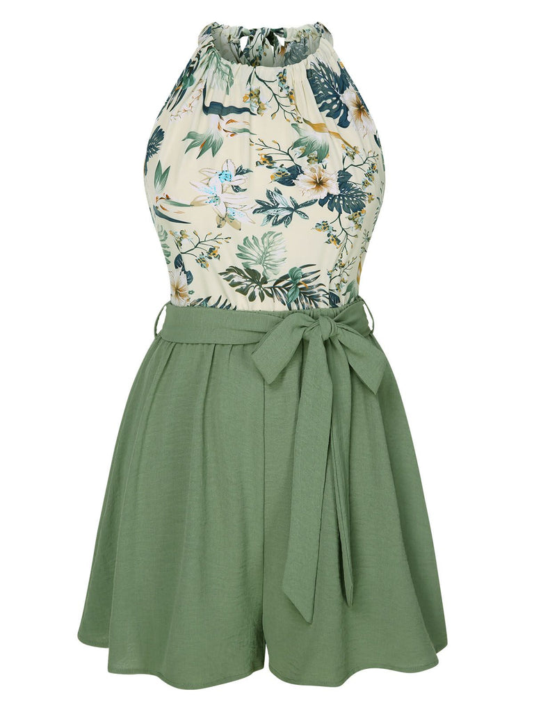 2PCS 1950s Floral Print Halter Top & Belted Shorts, vintage top, retro blouse - perfect for women who love vintage and retro fashion
