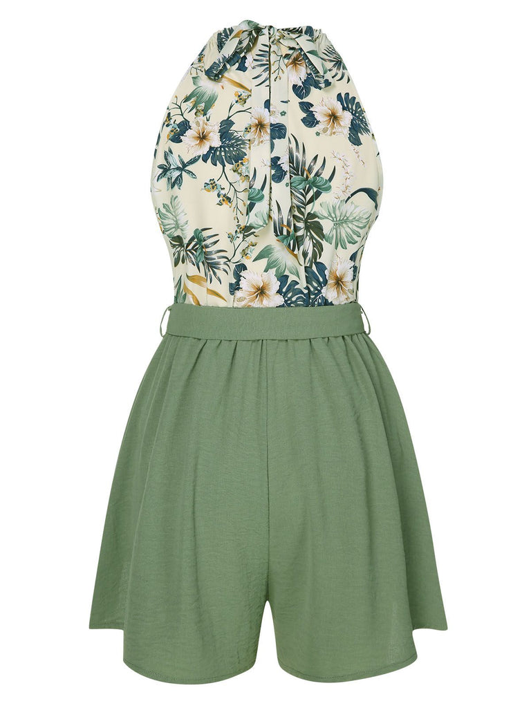 2PCS 1950s Floral Print Halter Top & Belted Shorts, vintage top, retro blouse - perfect for women who love vintage and retro fashion