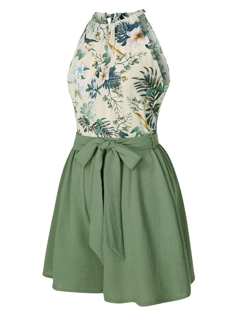 2PCS 1950s Floral Print Halter Top & Belted Shorts, vintage top, retro blouse - perfect for women who love vintage and retro fashion