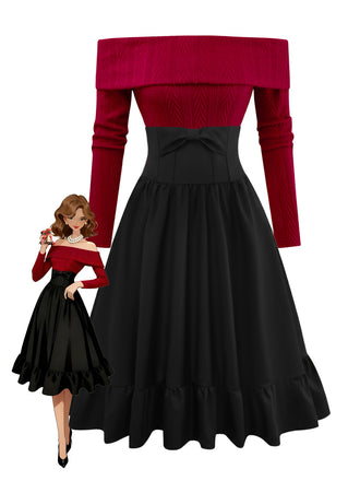 2PCS 1950s Off-Shoulder Knitted Sweater & Bow Skirt - vintage skirt, retro style