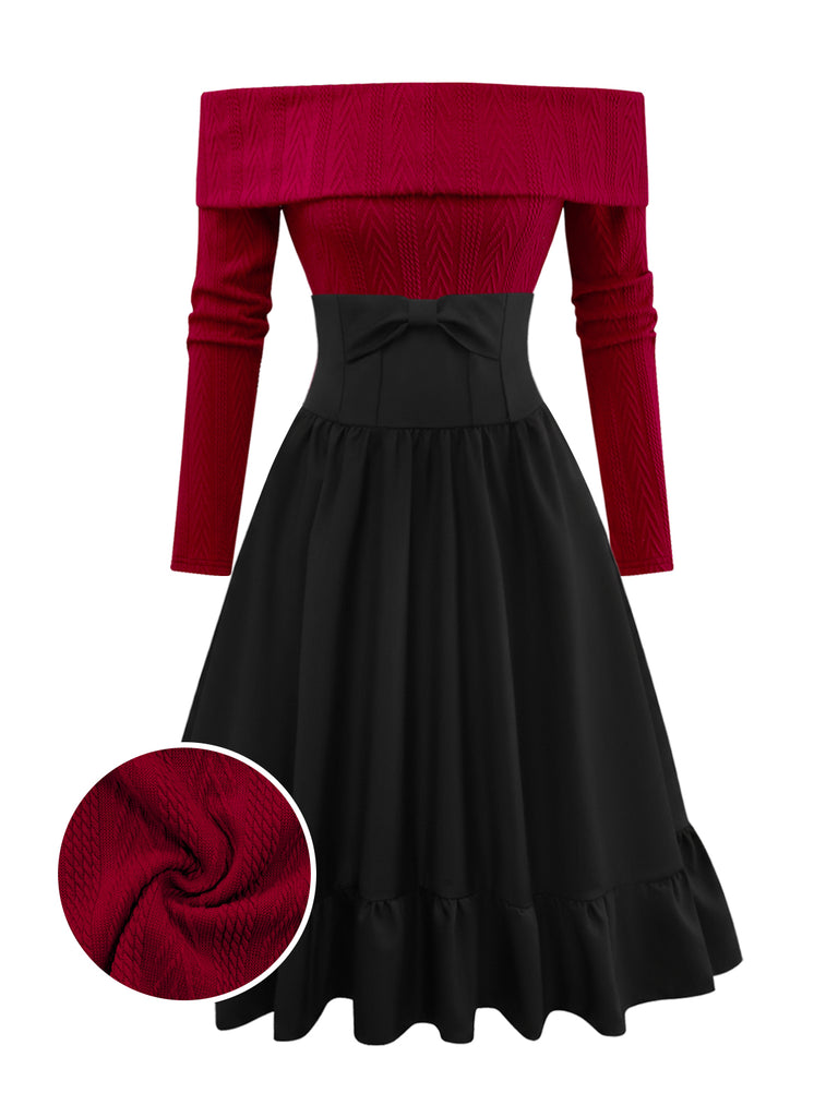 2PCS 1950s Off-Shoulder Knitted Sweater & Bow Skirt - vintage skirt, retro style