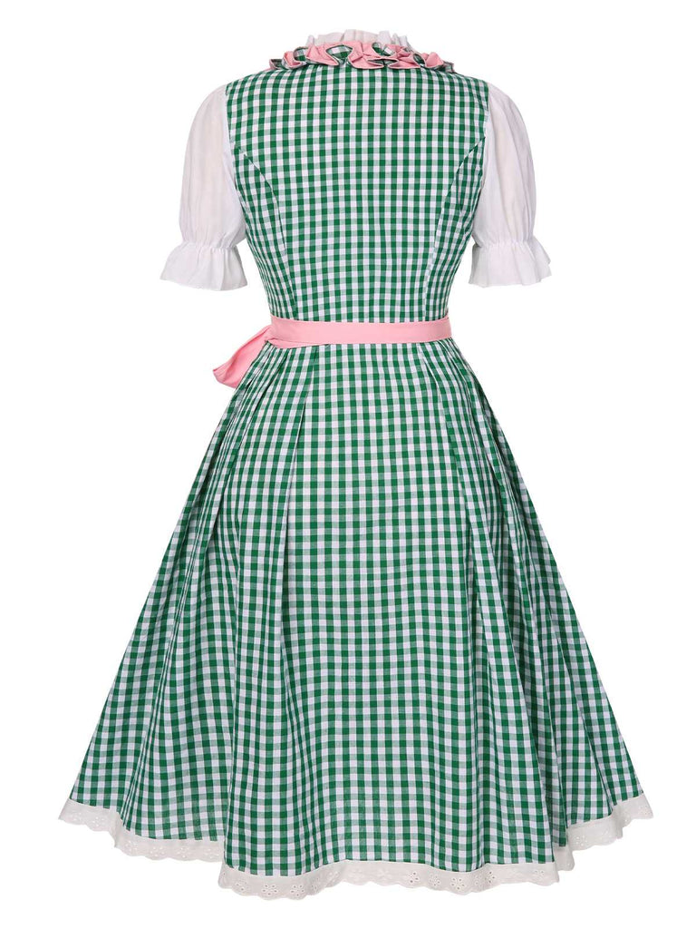 2PCS 1950s Oktoberfest White Top & Green Plaid Dress & Pink Apron, vintage dress, retro fashion, rockabilly, pin-up fashion - perfect for women who love vintage and retro fashion