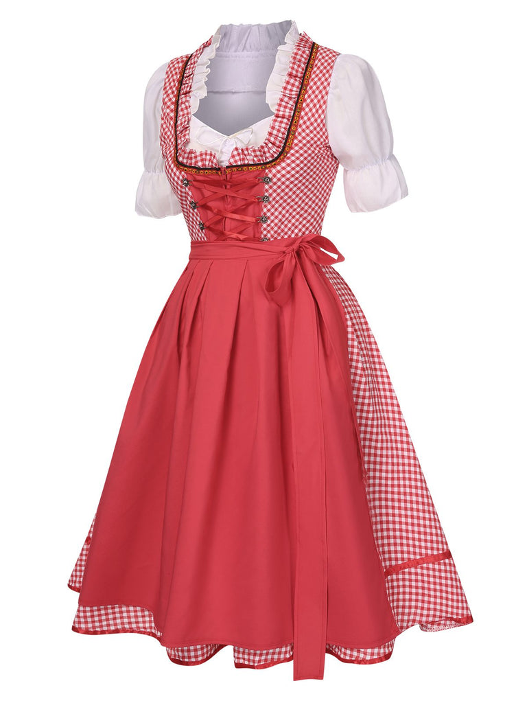 2PCS 1950s Oktoberfest White Top & Red Plaid Dress & Red Apron, vintage dress, retro fashion, rockabilly, pin-up fashion - perfect for women who love vintage and retro fashion