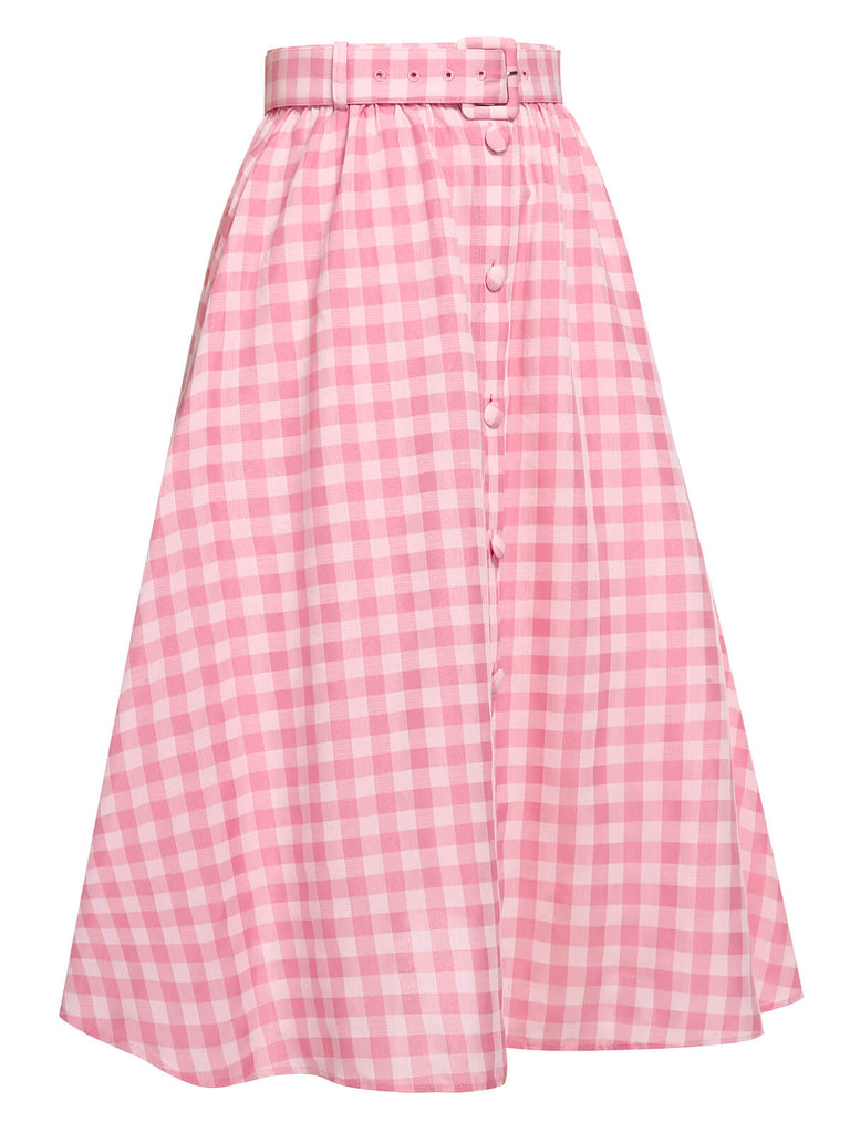 2PCS 1950s Pink Plaid Skirt & Romper With Belt - vintage skirt, retro style