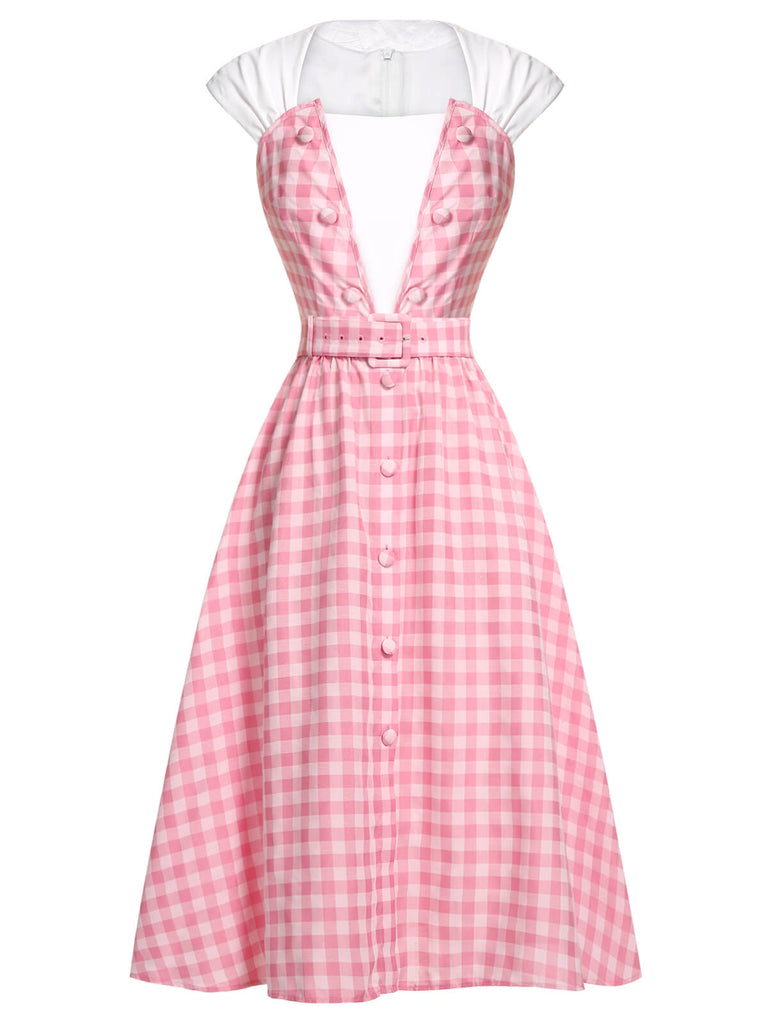 2PCS 1950s Pink Plaid Skirt & Romper With Belt - vintage skirt, retro style