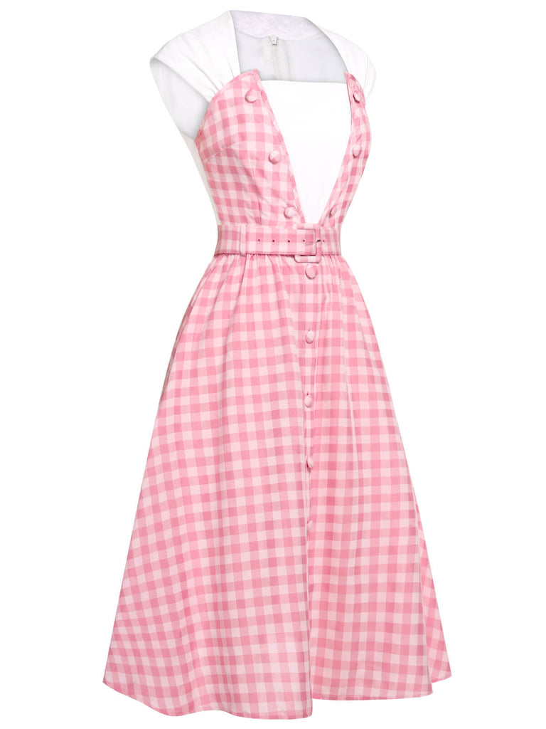 2PCS 1950s Pink Plaid Skirt & Romper With Belt - vintage skirt, retro style