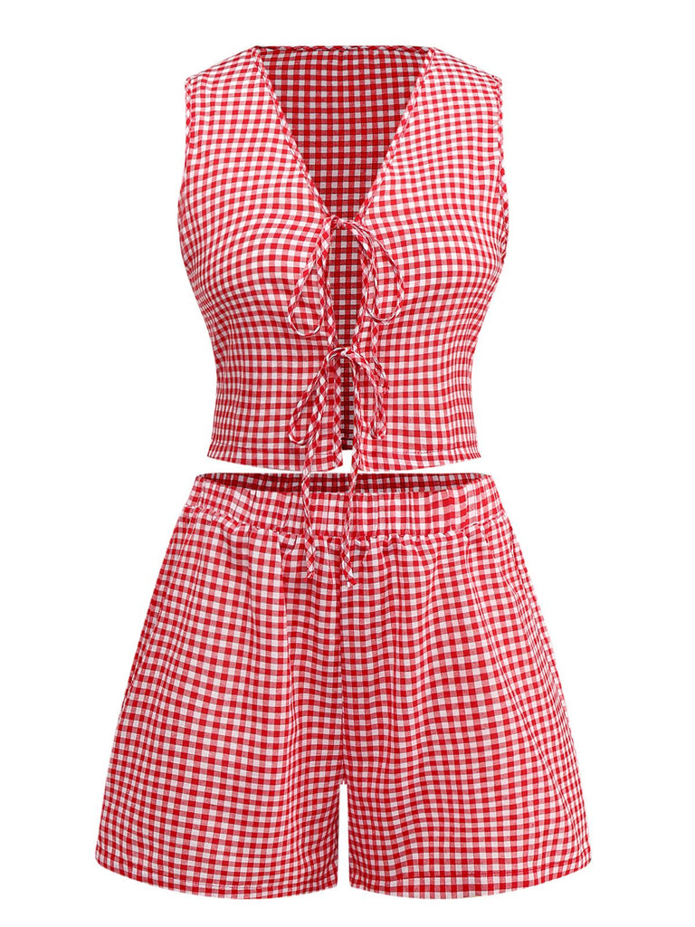 2PCS 1950s Plaid V-Neck Bind Vest & Shorts - vintage fashion, retro style
