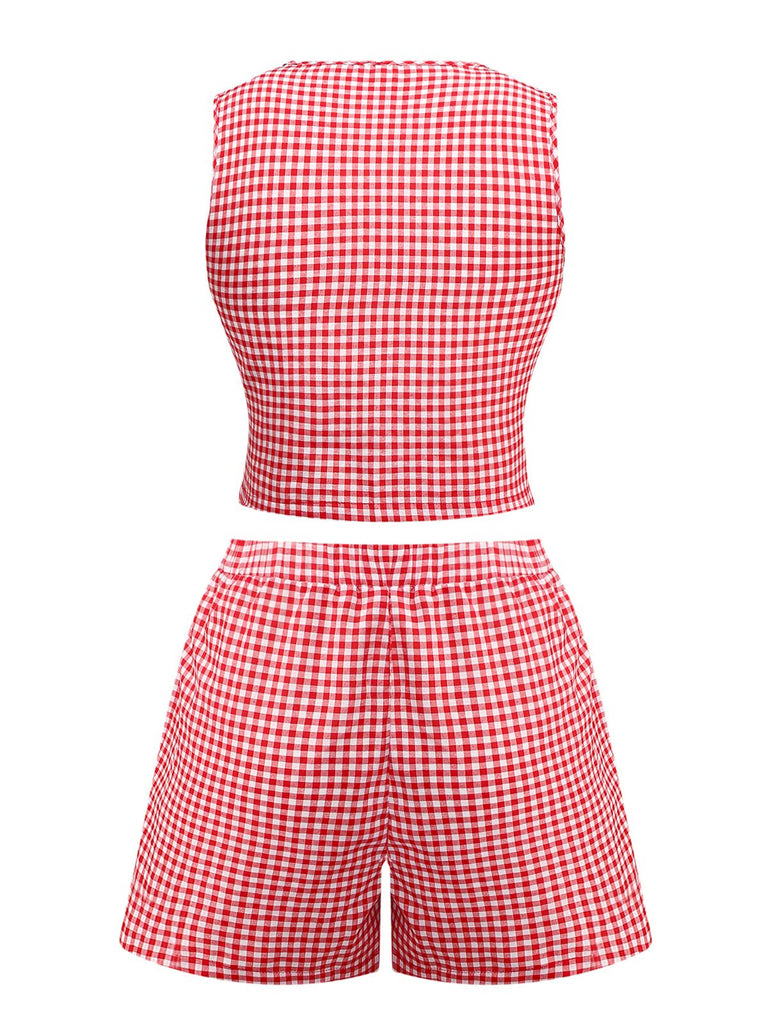 2PCS 1950s Plaid V-Neck Bind Vest & Shorts - vintage fashion, retro style