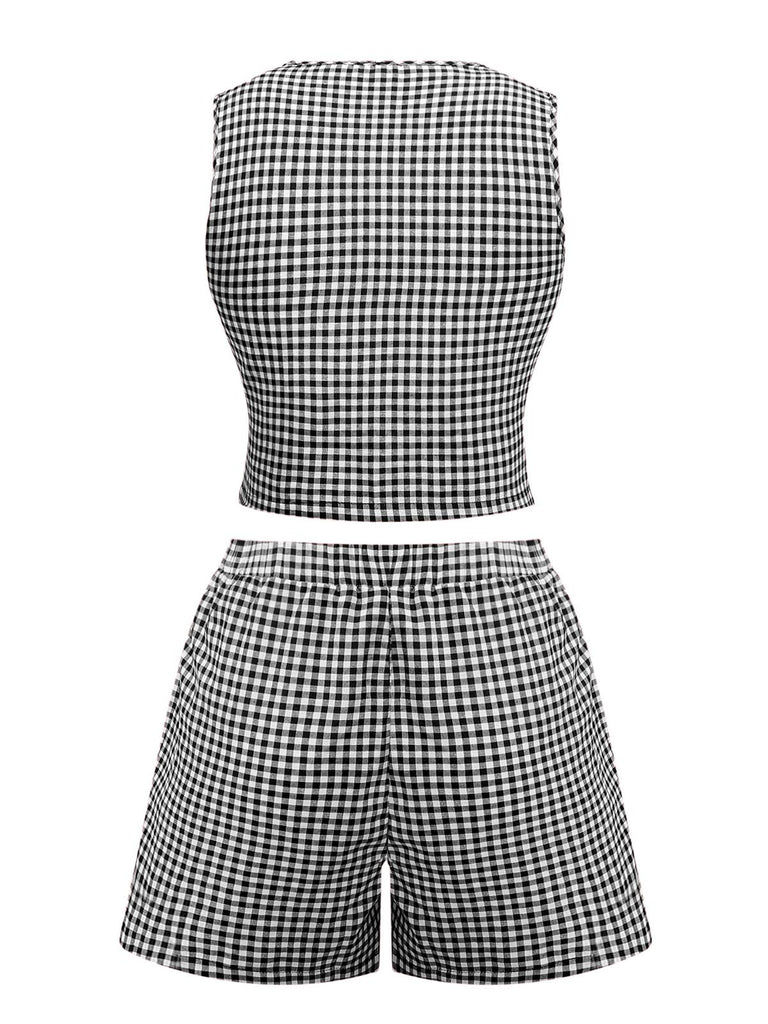 2PCS 1950s Plaid V-Neck Bind Vest & Shorts, vintage fashion, retro style - perfect for women who love vintage and retro fashion
