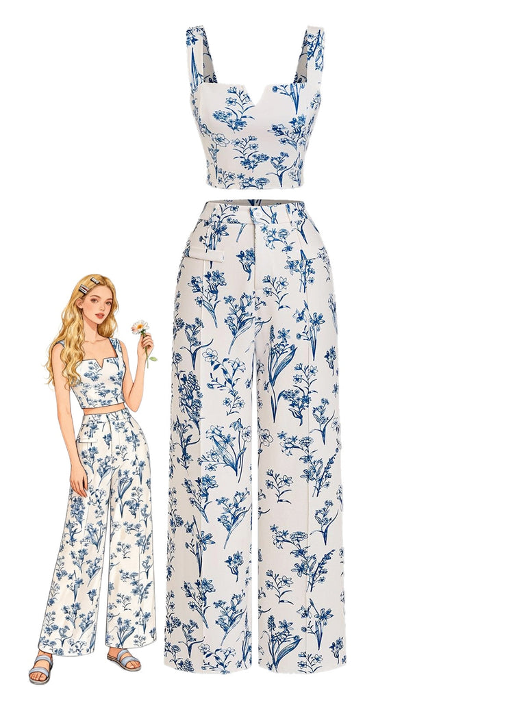 2PCS 1950s Plants Crop Top & Wide-leg Pants, vintage top, retro blouse, classic style, women, elegant