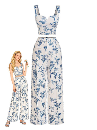 2PCS 1950s Plants Crop Top & Wide-leg Pants, vintage top, retro blouse, classic style, women, elegant
