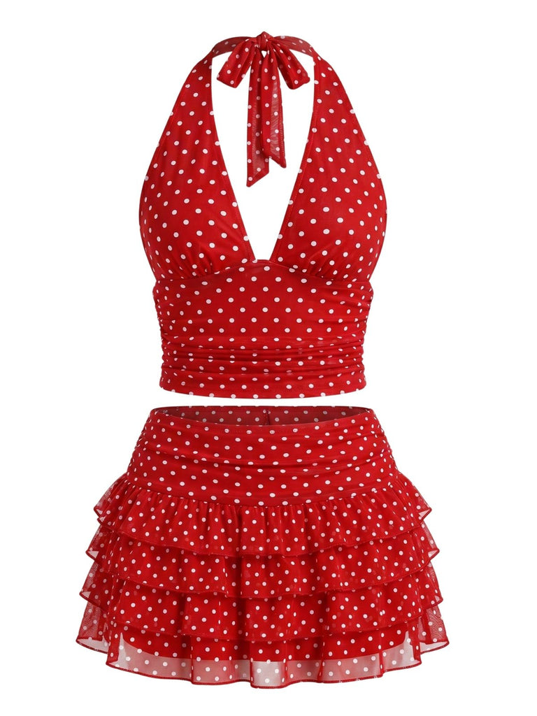 2PCS-1950s-Polka-Dot-Halter-Top-Tiered-Mesh-Skirt, vintage, retro