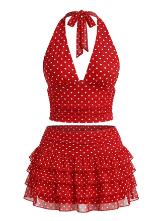 2PCS-1950s-Polka-Dot-Halter-Top-Tiered-Mesh-Skirt, vintage, retro