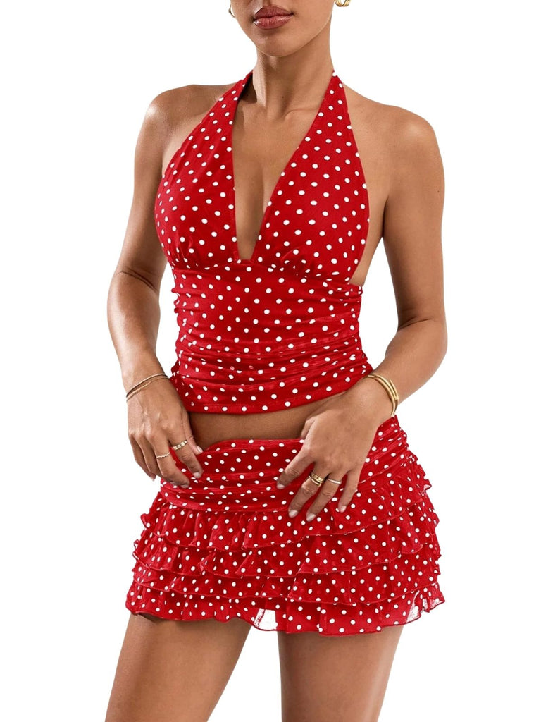 2PCS-1950s-Polka-Dot-Halter-Top-Tiered-Mesh-Skirt, vintage, retro