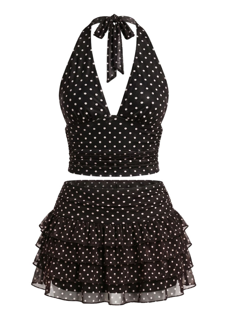 2PCS-1950s-Polka-Dot-Halter-Top-Tiered-Mesh-Skirt, vintage, retro