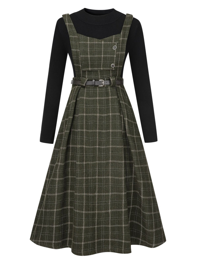 She slips into this 2PCS 1950s Solid Top & Plaids Belted Pinafore Dress and suddenly it's a 1950s daydream