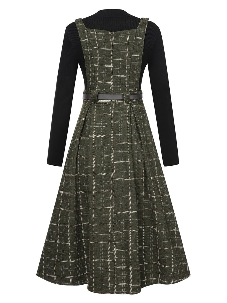 2PCS 1950s Solid Top & Plaids Belted Pinafore Dress: where 1950s romance meets her modern spirit