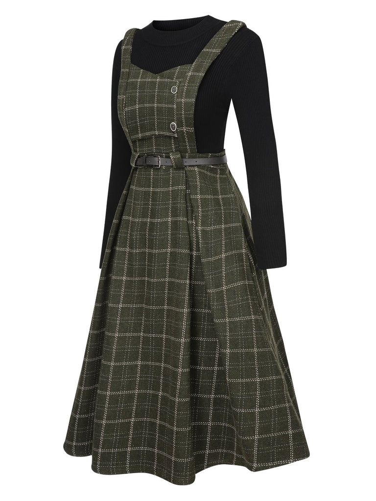 This 2PCS 1950s Solid Top & Plaids Belted Pinafore Dress wraps her in 1950s elegance, one twirl at a time